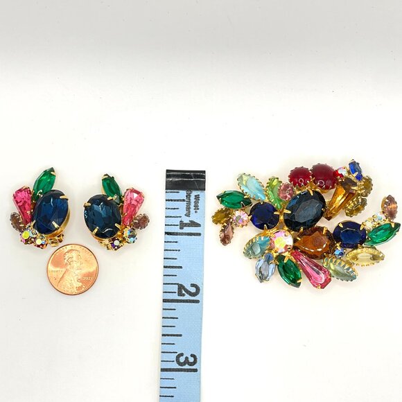 Vintage Unsigned Tutti Frutti Fruit Salad Rhinestone Brooch Clip Earrings Set - Picture 10 of 13